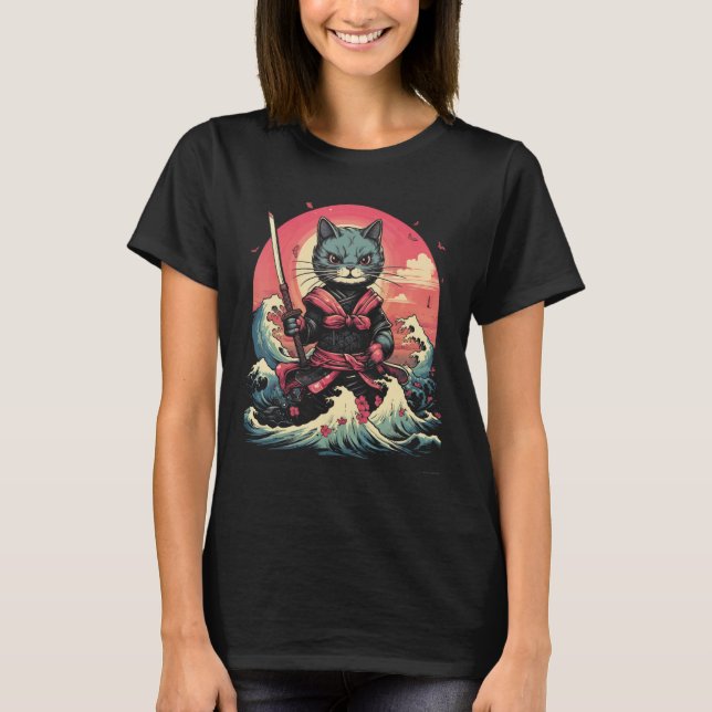 Japanska Samurai Ninja Cat Retro Tattoo Graphic # T Shirt (Framsida)
