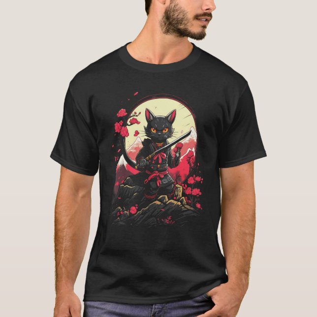 Japanska Samurai Ninja Cat Retro Tattoo Graphic # T Shirt (Framsida)