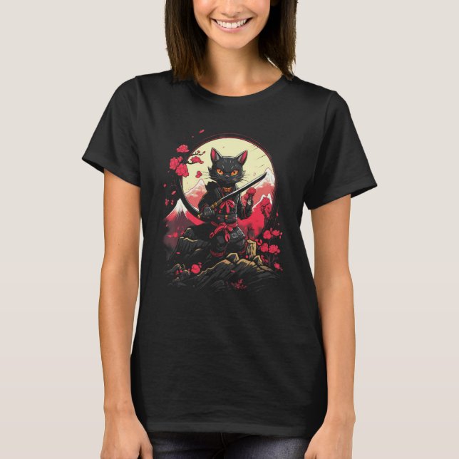 Japanska Samurai Ninja Cat Retro Tattoo Graphic # T Shirt (Framsida)