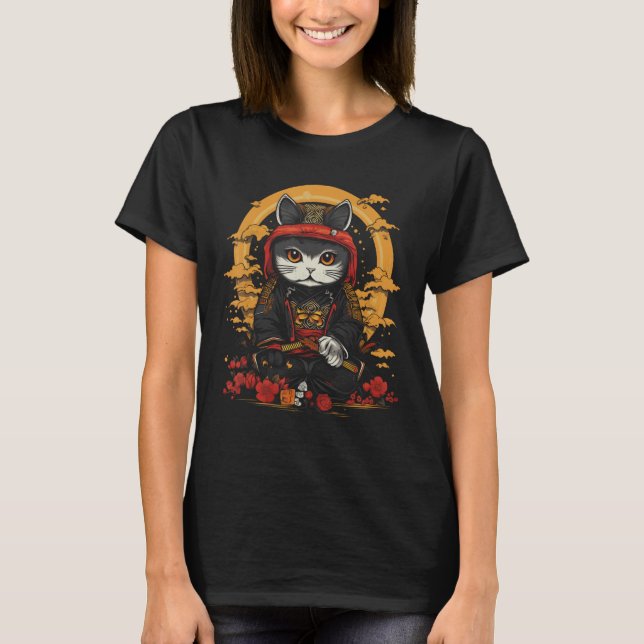 Japanska Samurai Ninja Cat Retro Tattoo Graphic # T Shirt (Framsida)