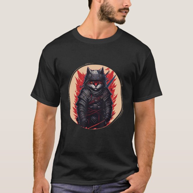 Japanska Samurai Ninja Cat T Shirt (Framsida)