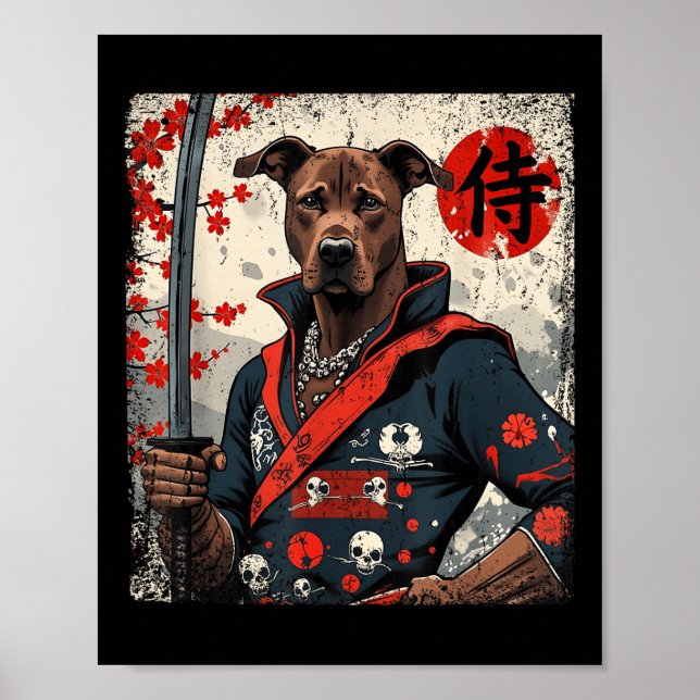 Japanska Samurai Pitbull Tattoo Kawaii Ukiyo-e Nin Poster (Framsidan)