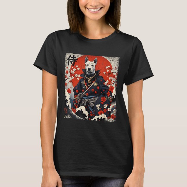 Japanska Samurai Pitbull Tattoo Kawaii Ukiyo-e Nin T Shirt (Framsida)