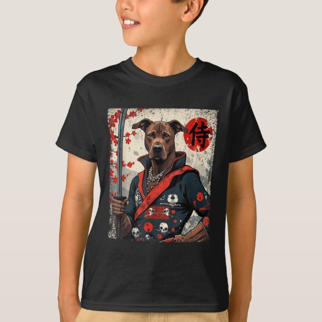 Japanska Samurai Pitbull Tattoo Kawaii Ukiyo-e Nin T Shirt (Framsida)