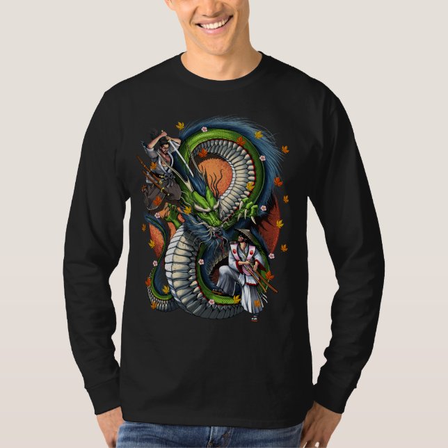Japanska Samurai vs Dragon T Shirt (Framsida)