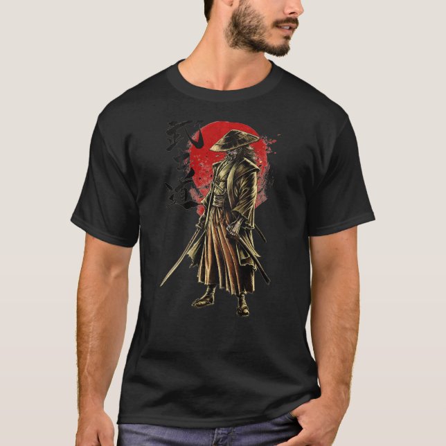 Japanska Samurai Warrior Bushido Swordsman Retro V T Shirt (Framsida)