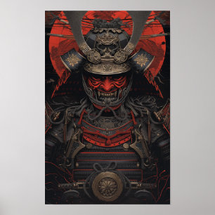 Japanska Samurai Warrior i Red Ansikte Armor Poste Poster