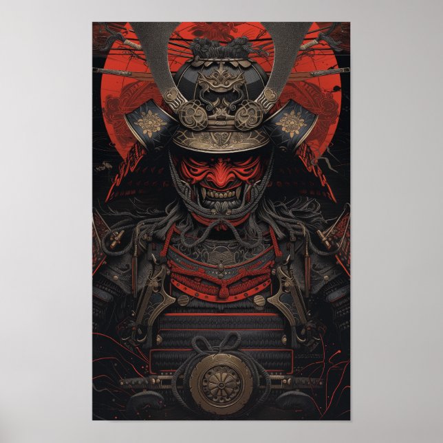 Japanska Samurai Warrior i Red Ansikte Armor Poste Poster (Framsidan)