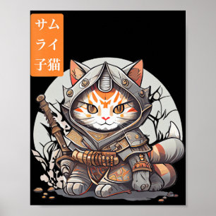Japanska Samurai Warrior Kawaii Cat Anime Älskare Poster