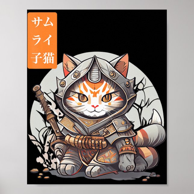 Japanska Samurai Warrior Kawaii Cat Anime Älskare Poster (Framsidan)