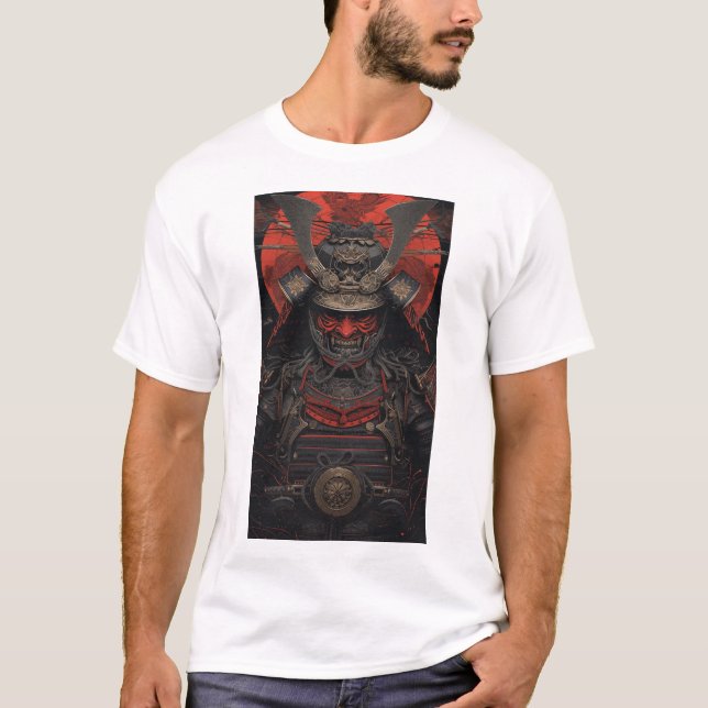 Japanska Samurai Warrior Red Ansikte Armor Graphic T Shirt (Framsida)