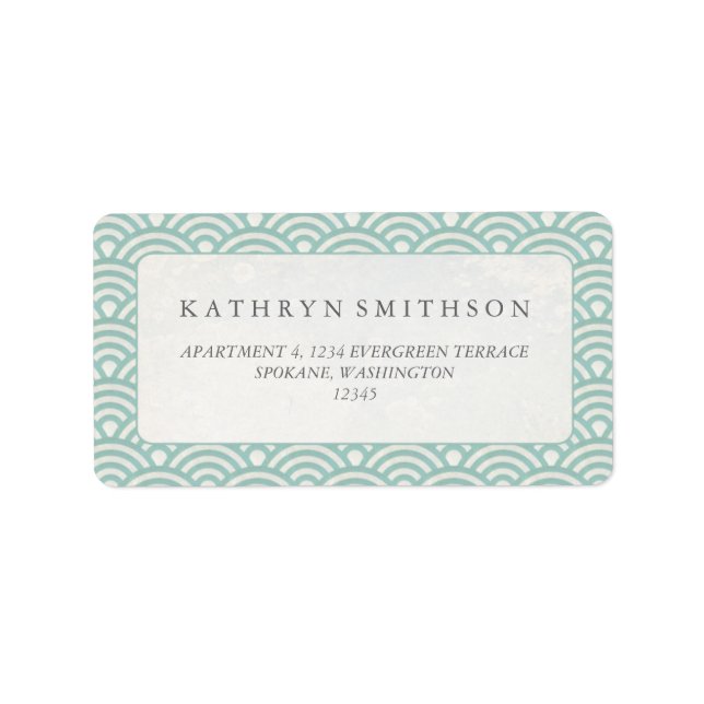 Japanska Seigaiha Vågar Elegant Grönt + vit Adressetikett (Framsidan)