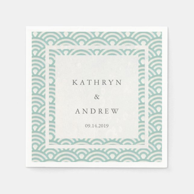 Japanska Seigaiha Vågar Elegant Soft Grönt + White Pappersservett (Framsidan)