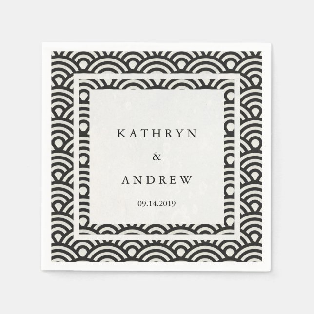 Japanska Seigaiha Vinkarare Elegant Black + White Pappersservett (Framsidan)