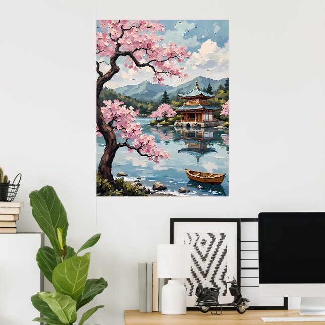 Japanska Sjö med Cherry-Blommar Poster (Hemmakontoret)