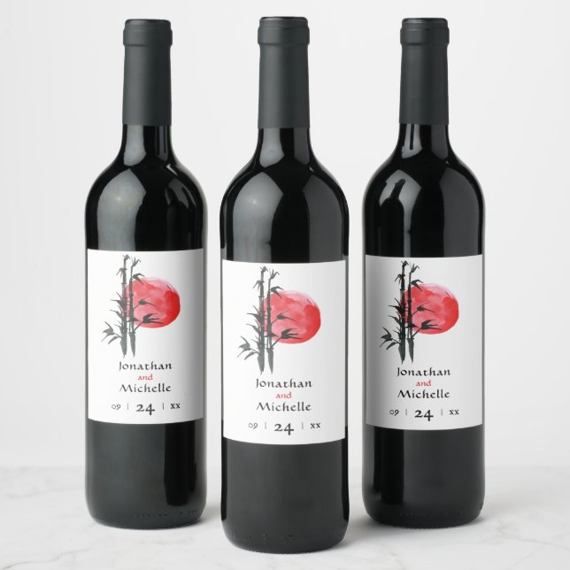 Japanska Sol och Bamboo Bröllop Vinflaska Etikett (Flaskor)