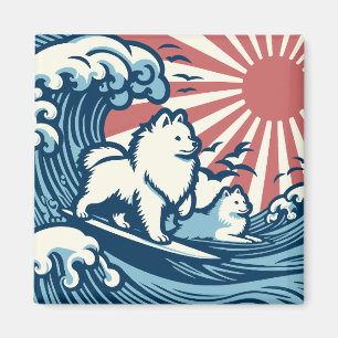 Japanska Spitz Hundar som sufing the Underbar Wave Magnet