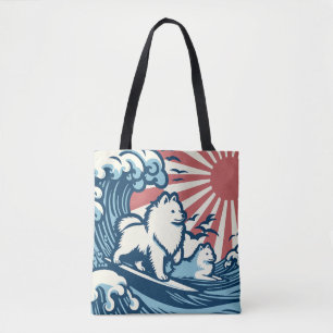 Japanska Spitz Hundar som sufing the Underbar Wave Tygkasse