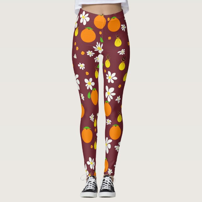 Japanska Stil-Orangar och Orange Blommar Mönster Leggings (Framsida)