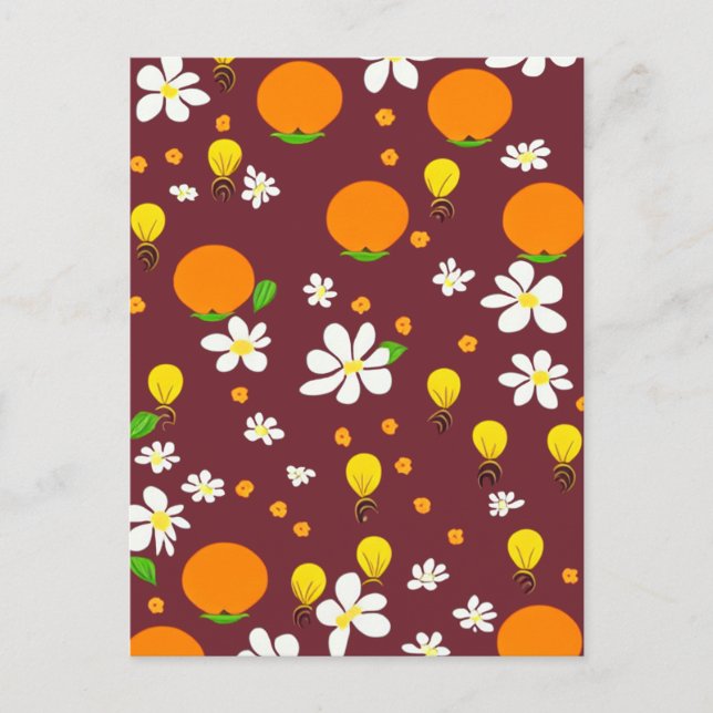 Japanska Stil-Orangar och Orange Blommar Mönster Vykort (Framsida)