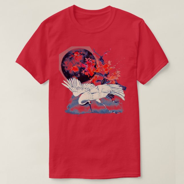 Japanska Sumi E Moonlight Crane T Shirt (Design framsida)