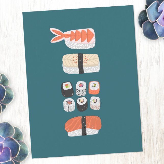Japanska Sushi Nigiri Maki Roll Vykort (Japanese sushi food art postcard)