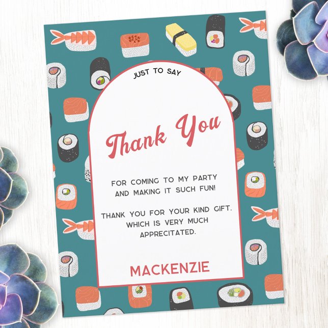 Japanska Sushi Tack Vykort (Japanese sushi themed personalized thank you postcard with custom text)