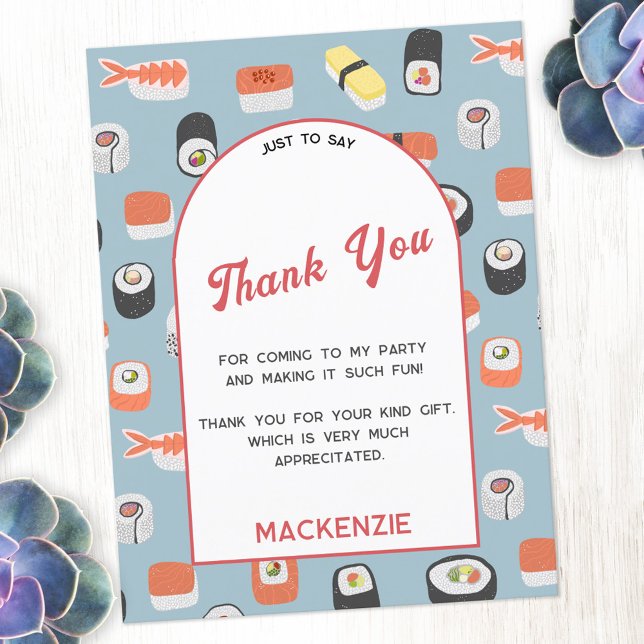 Japanska Sushi Tack Vykort (Japanese sushi themed personalized thank you postcard with custom text)