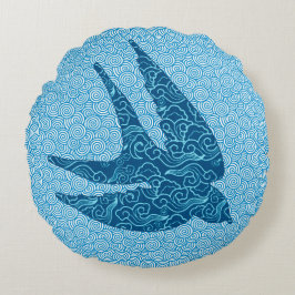 Japanska Sväljer i flyg-, kobolt- och Blek Blue Rund Kudde