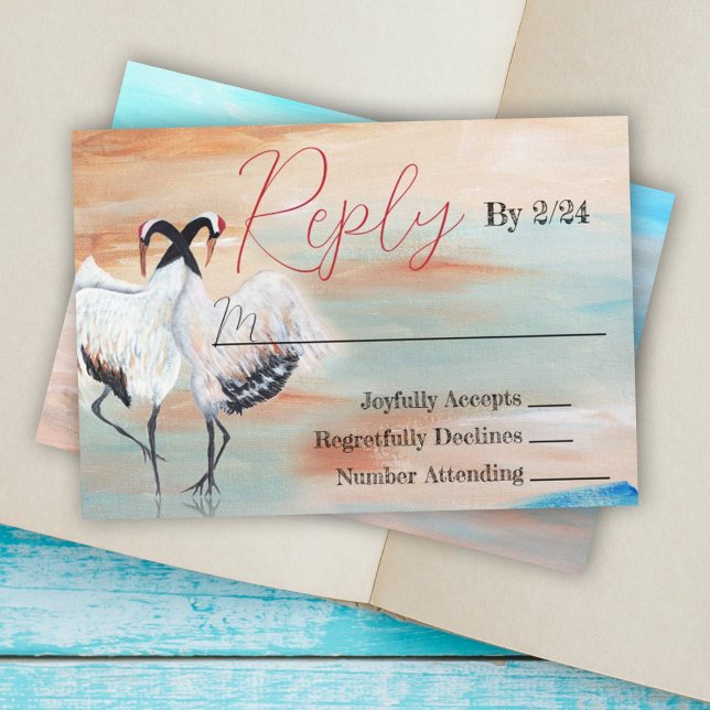 Japanska Tancho Crane Bröllop OSA Card Rådkort (natural beige white asian cranes origami japanese wedding reply response return enclosure cards)