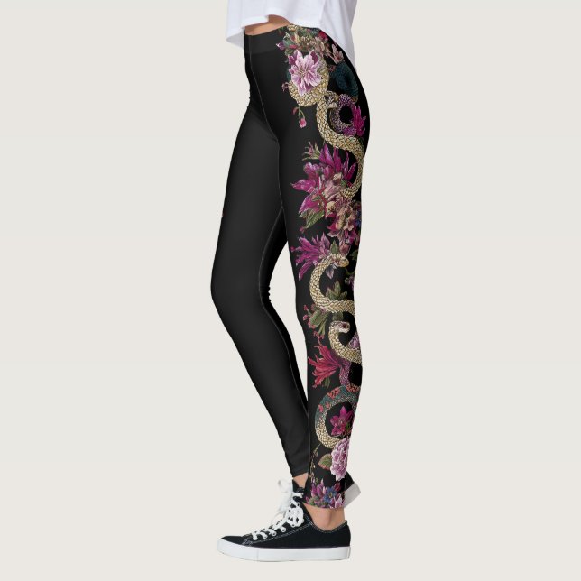Japanska Tattoo Stil Blommigt Snake Leggings (Vänster)