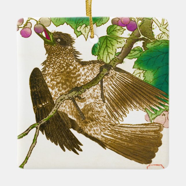 Japanska Teckning av Jay på en vindruvkeramik elle Julgransprydnad Keramik (Framsida)