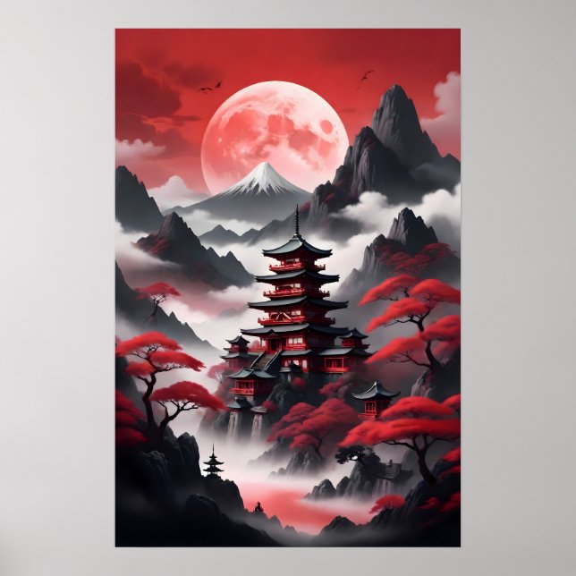 Japanska tempel i dimmiga berg poster (Framsidan)