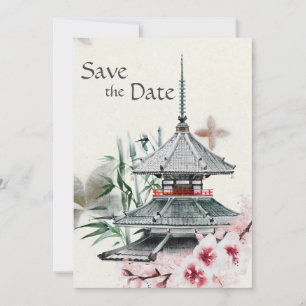 Japanska Temple, Bamboo, Cherry Blommar Bröllop Spara Datumet