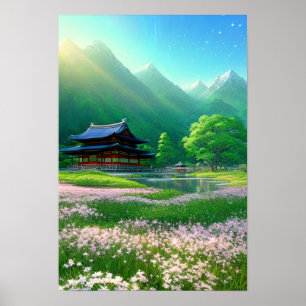 Japanska Temple och Rosa Flowers Poster