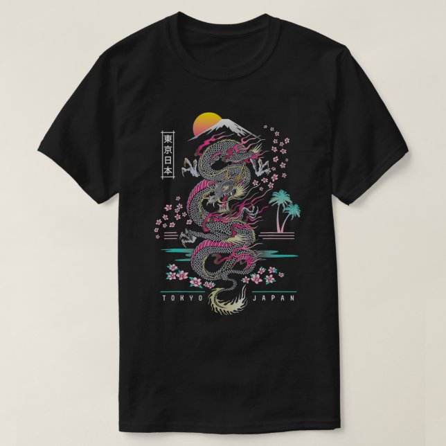Japanska Tokyo Dragon Asian inspirred Neon retro 8 T Shirt (Design framsida)