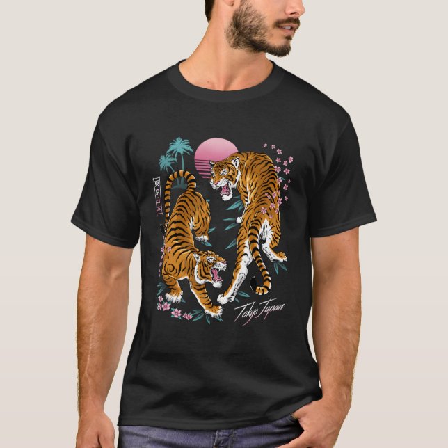 Japanska Tokyo Dueling Asian Tigers 80'S Vaporwave T Shirt (Framsida)