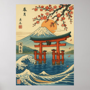 Japanska Torii Grind och Mount Fuji med Vågar Poster