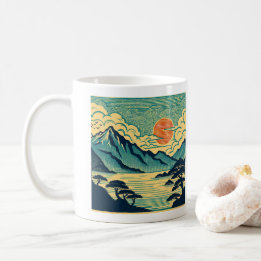 Japanska Träblock Teal Berg Orange Solnedgång Ar Kaffemugg