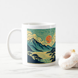 Japanska Träblock Teal Berg Orange Solnedgång Ar Kaffemugg