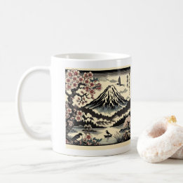 Japanska Träblock Tryck Körsbärsblom Sol Mount Fuj Kaffemugg
