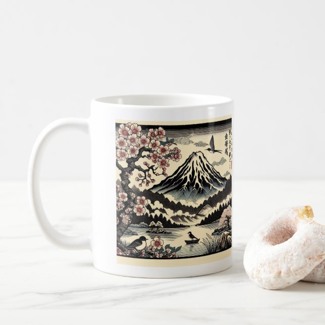 Japanska Träblock Tryck Körsbärsblom Sol Mount Fuj Kaffemugg (Med munk)