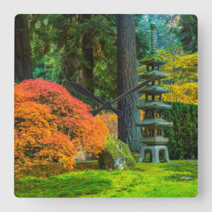 Japanska trädgårdar på hösten i Portland, Oregon Fyrkantig Klocka