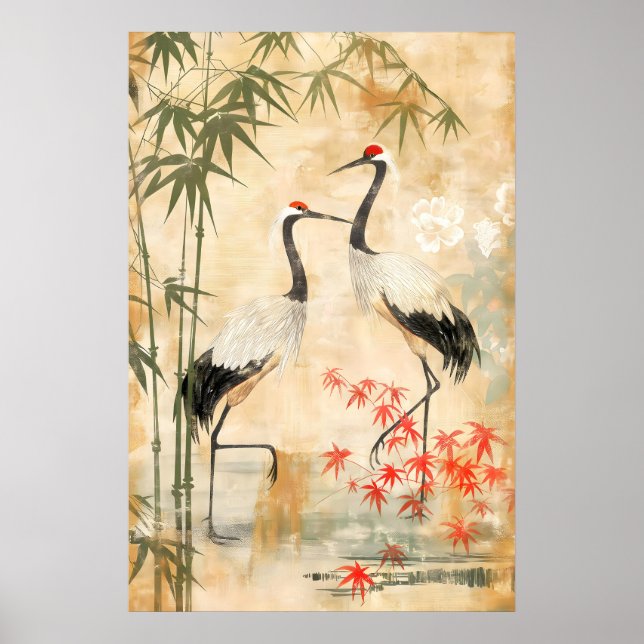 Japanska tranor & Bambu konsttryck Texturerat Poster (Framsidan)