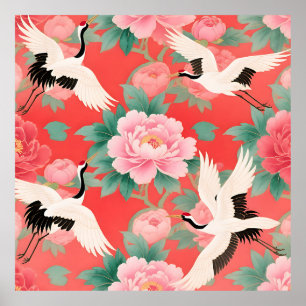 Japanska tranor, peonior, röd chinoiserie-elegans poster
