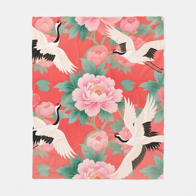 Japanska Tranor Pioner Röda Chinoiserie Elegans Fleecefilt (Framsidan)