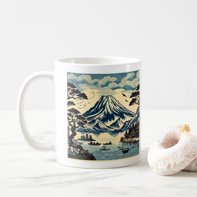 Japanska träsnitt Mount Fuji sjö båtar tall Kaffemugg (Med munk)