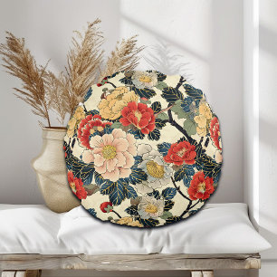 Japanska Ukiyo-E Art-Blommönstret Rund Kudde