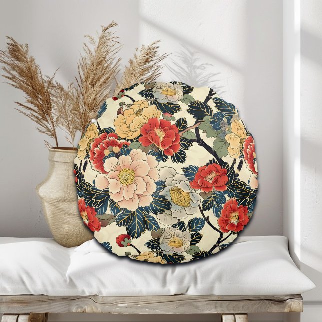 Japanska Ukiyo-E Art-Blommönstret Rund Kudde (Skapare uppladdad)