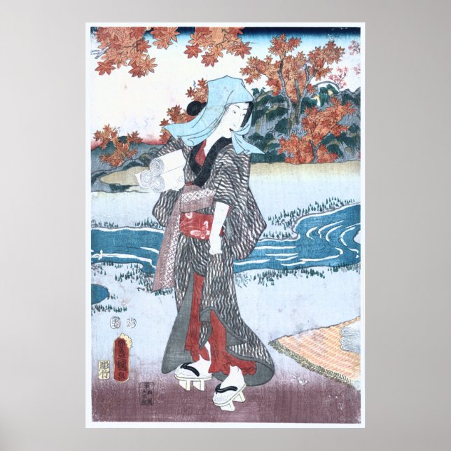 Japanska Ukiyo-e Momiji till onna av Kunisada Poster (Framsidan)